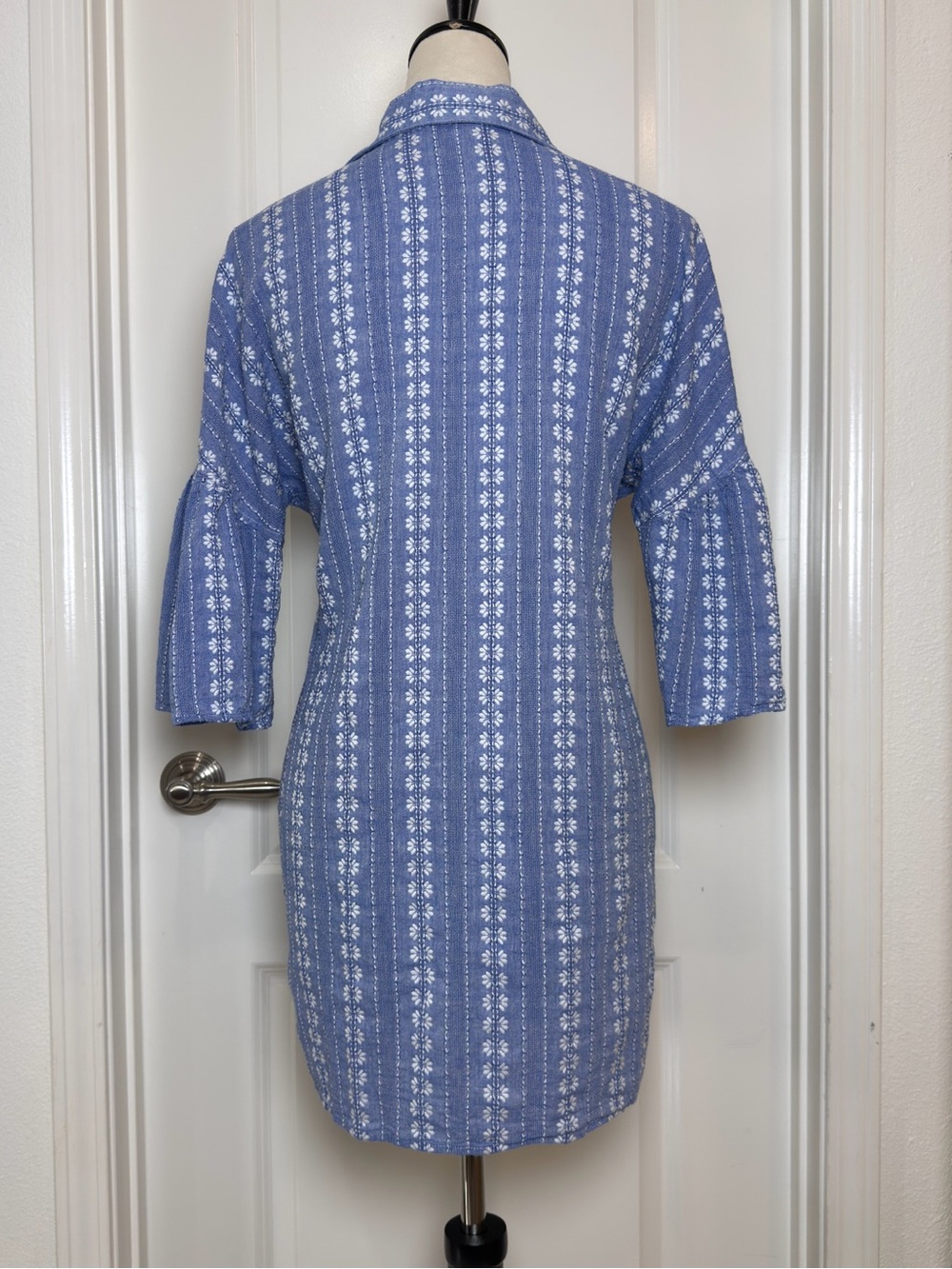 Splendid Chambray Blue and White Printed Mini Dress Dolman Sleeve Tunic - Picture 4 of 8